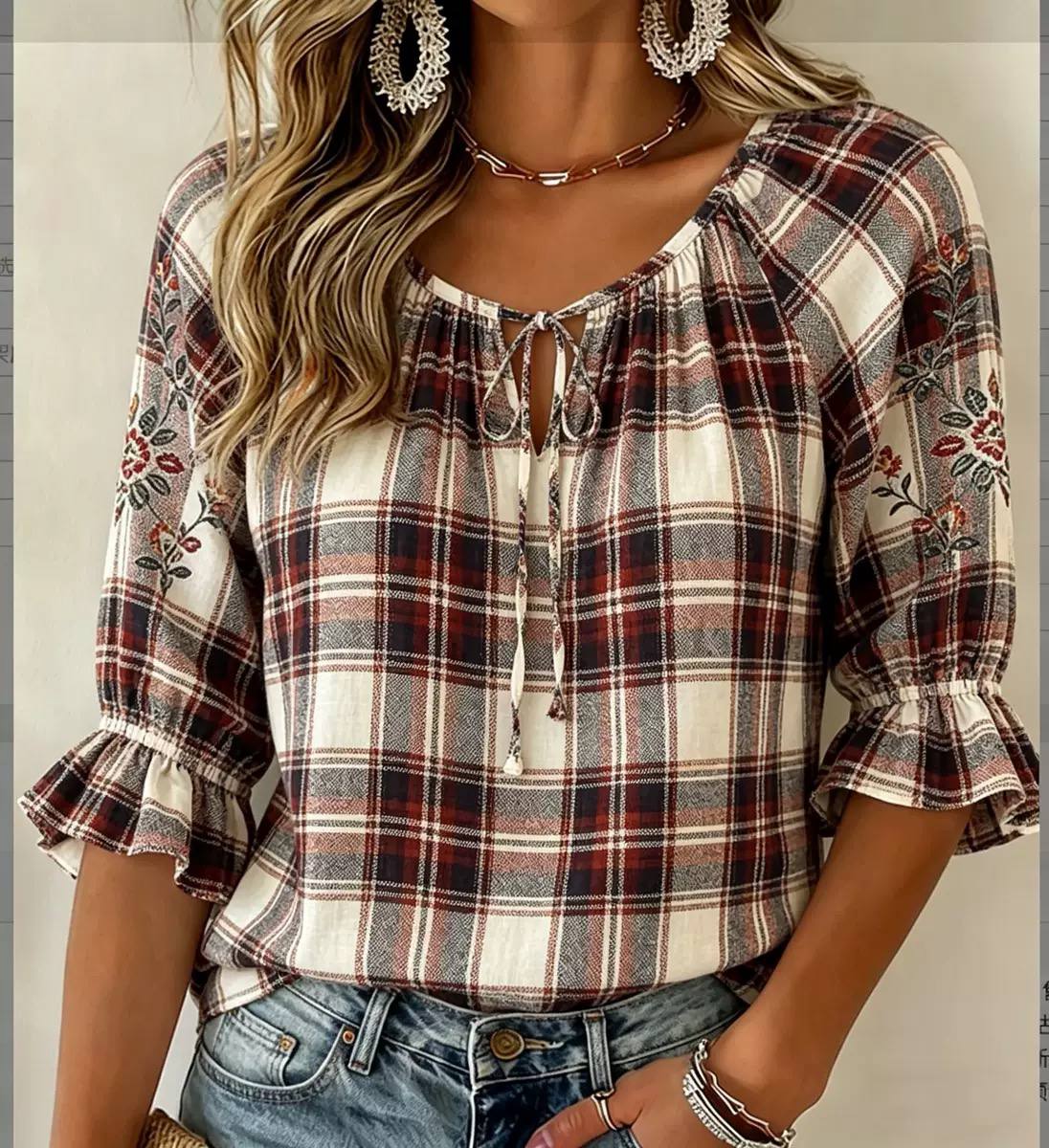 Women's Tie Neck Ruffle Sleeve Blouse