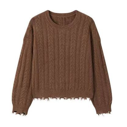 Women's Distressed Cable Knit Crew Neck Sweater