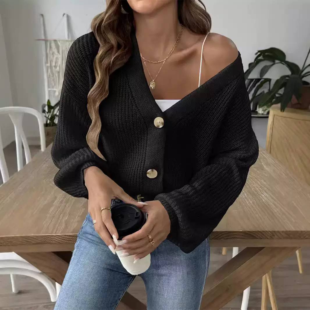 Women's Button Front Balloon Sleeve Knit Cardigan