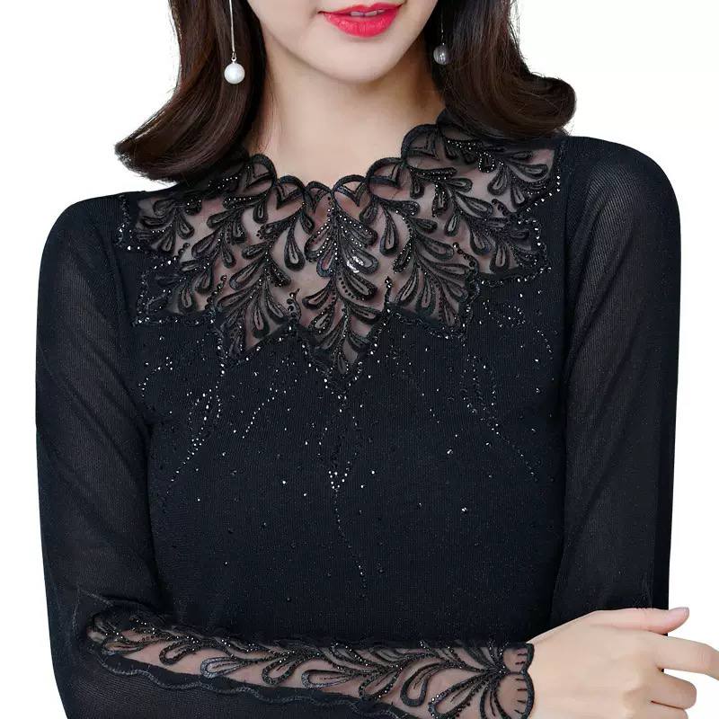 Women's Lace Mesh Mock Neck Long Sleeve Top