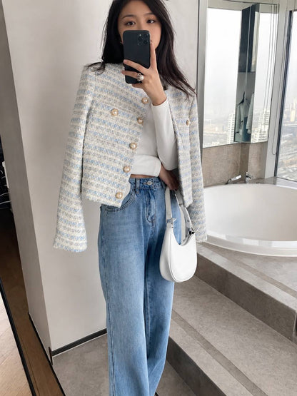 Women's Pearl Button Tweed Cropped Jacket