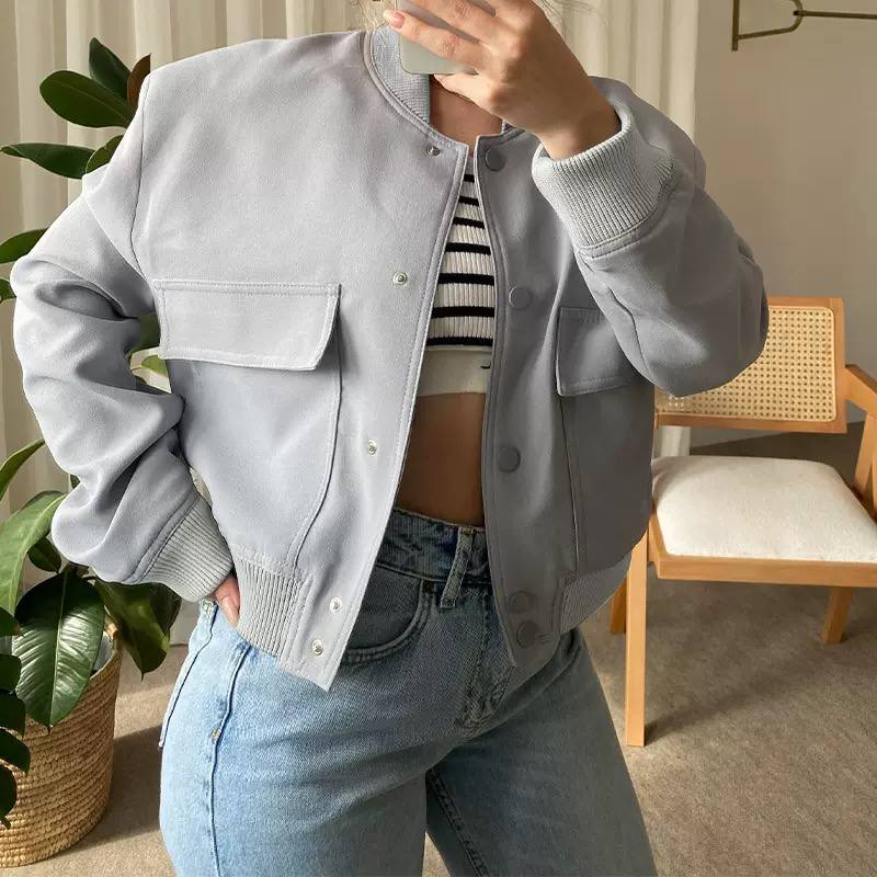 Women's Cropped Bomber Jacket with Flap Pockets