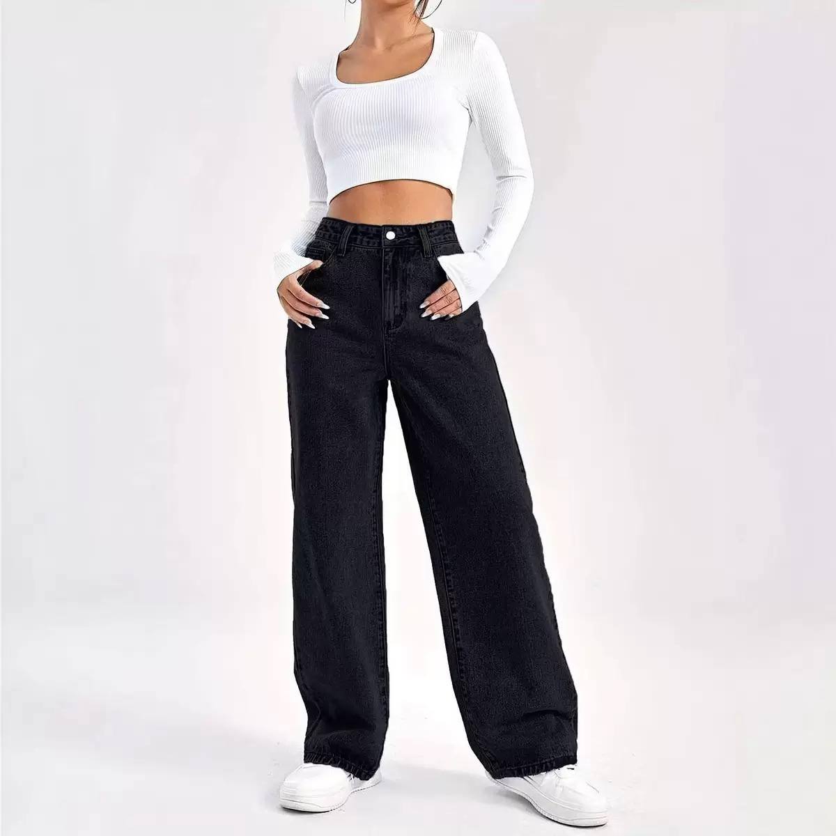 Women's High Waist Wide Leg Cotton Denim Jeans