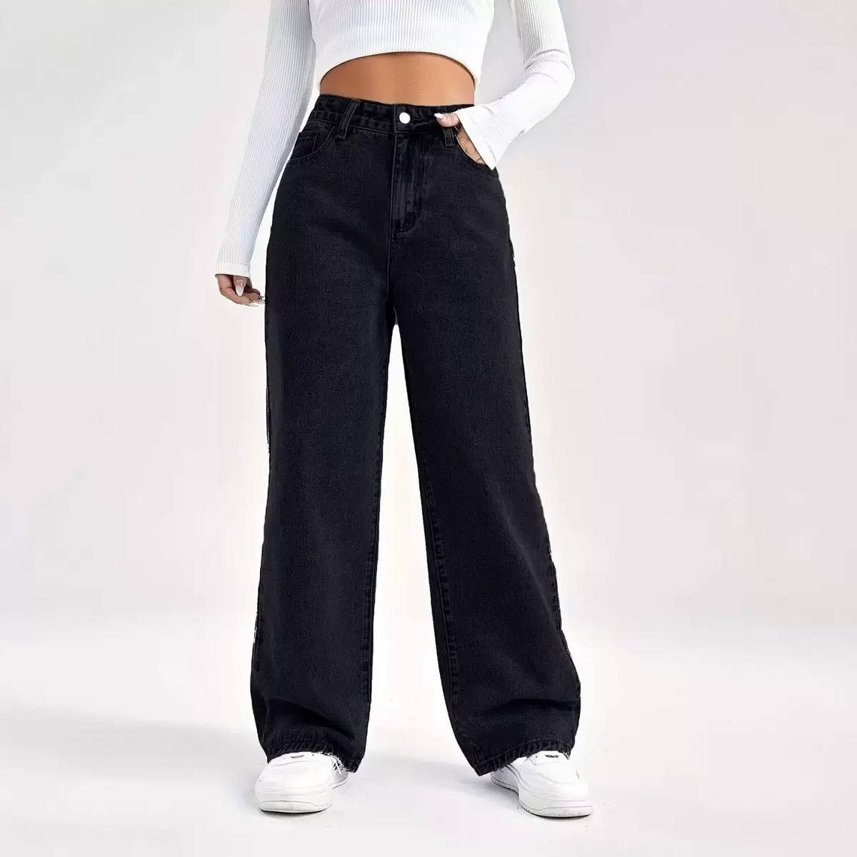 Women's High Waist Wide Leg Washed Cotton Denim Jeans