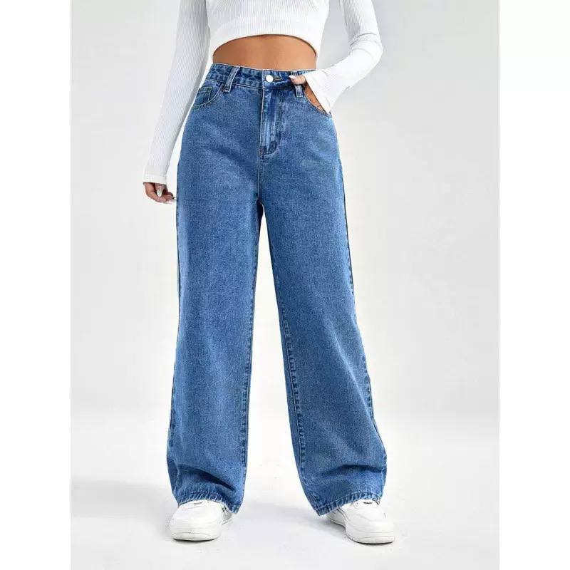 Women's High Waist Wide Leg Washed Cotton Denim Jeans