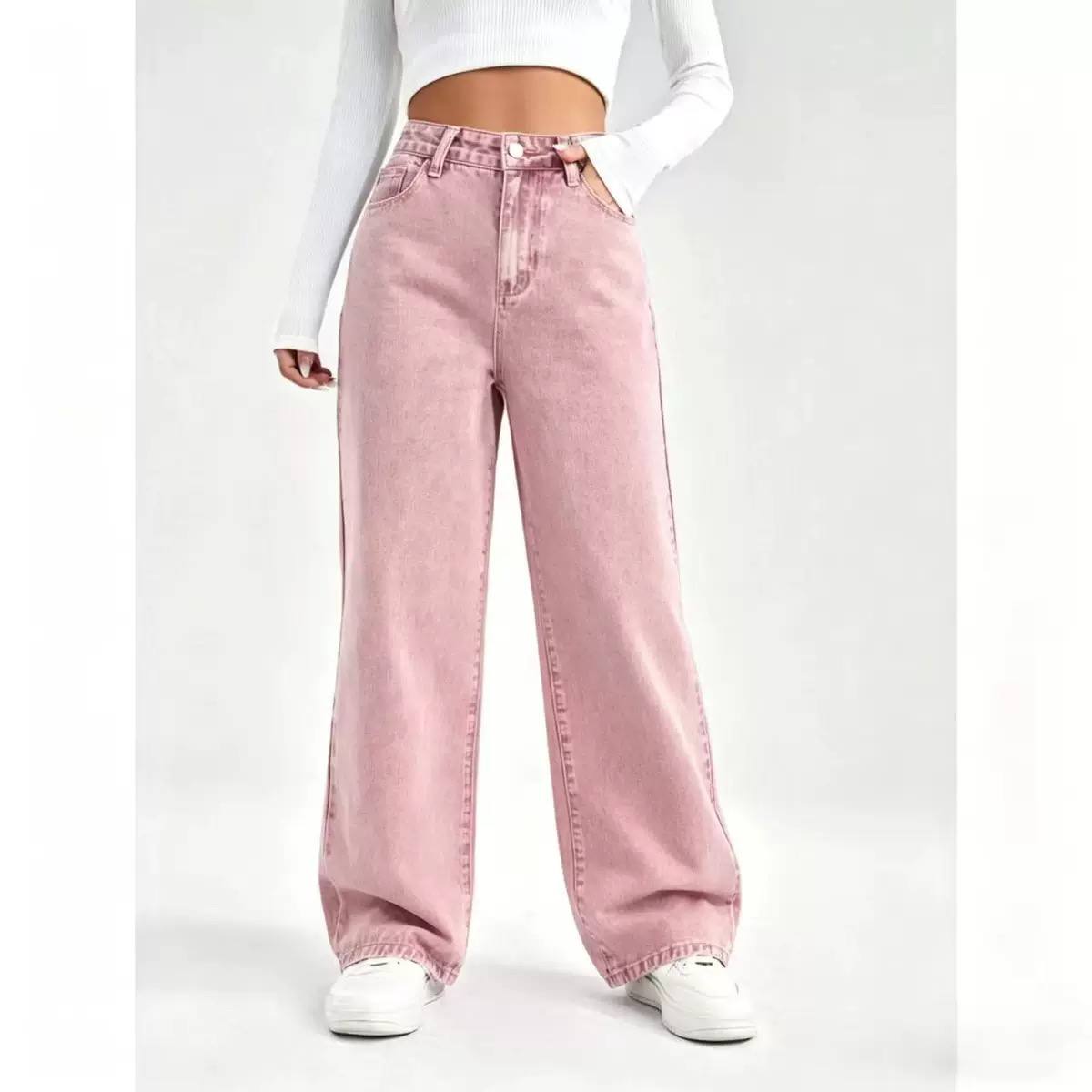 Women's High Waist Wide Leg Washed Cotton Denim Jeans