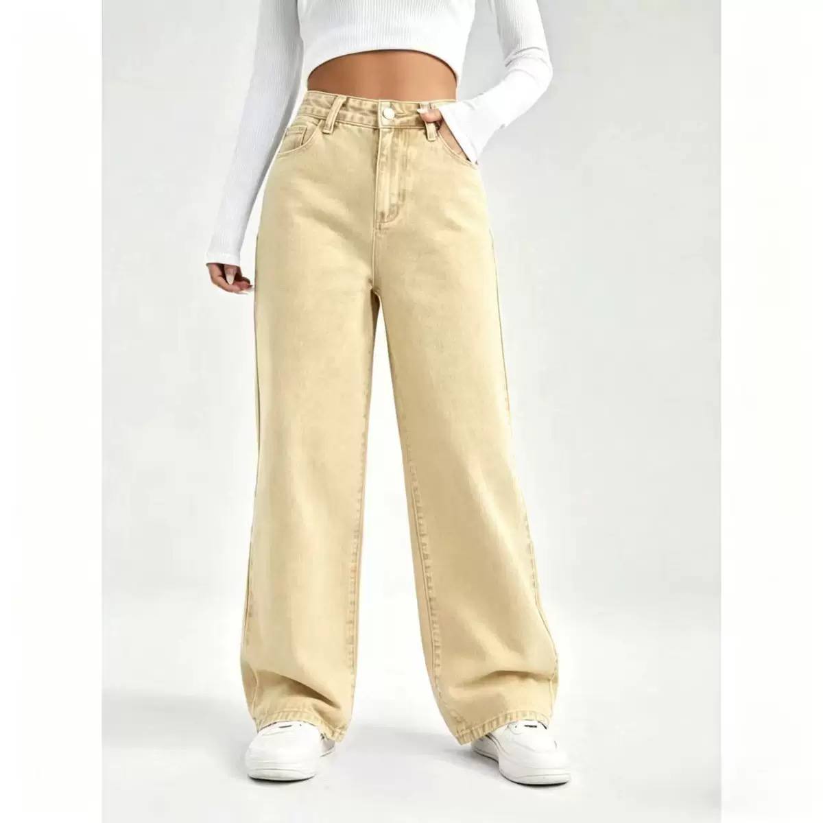 Women's High Waist Wide Leg Washed Cotton Denim Jeans