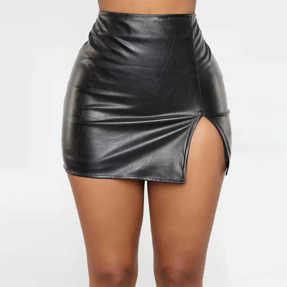 Women's High Waist Leather Side Split Mini Skirt