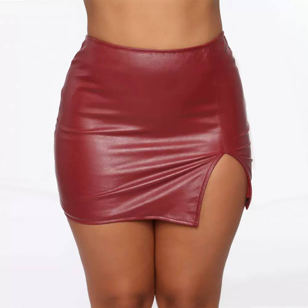 Women's High Waist Leather Side Split Mini Skirt