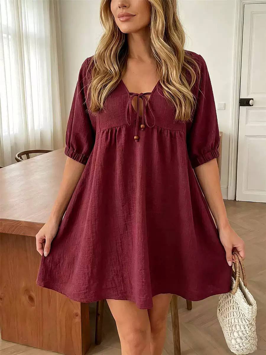 Women's Tie Neck Smock Mini Dress