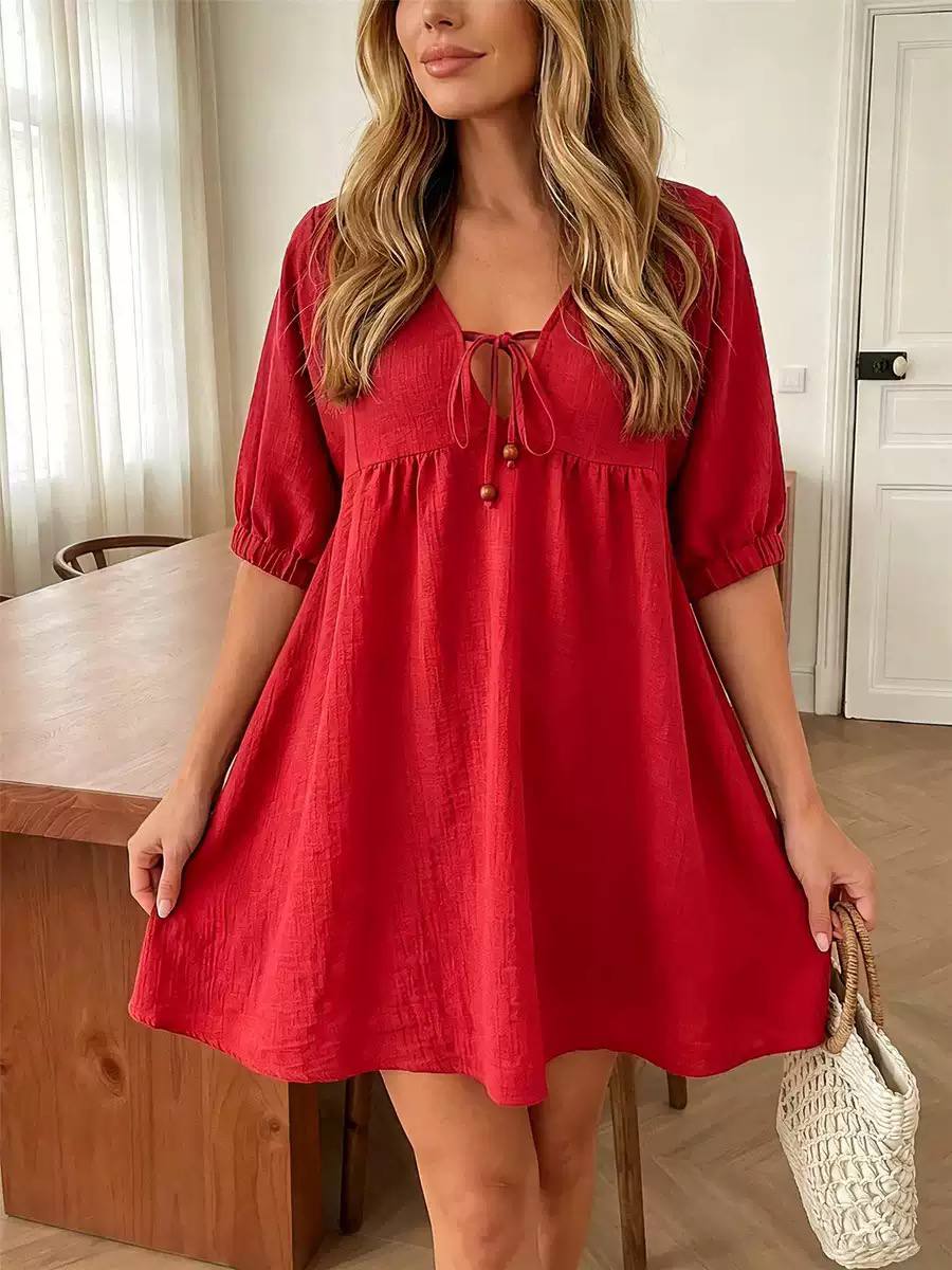 Women's Tie Neck Smock Mini Dress