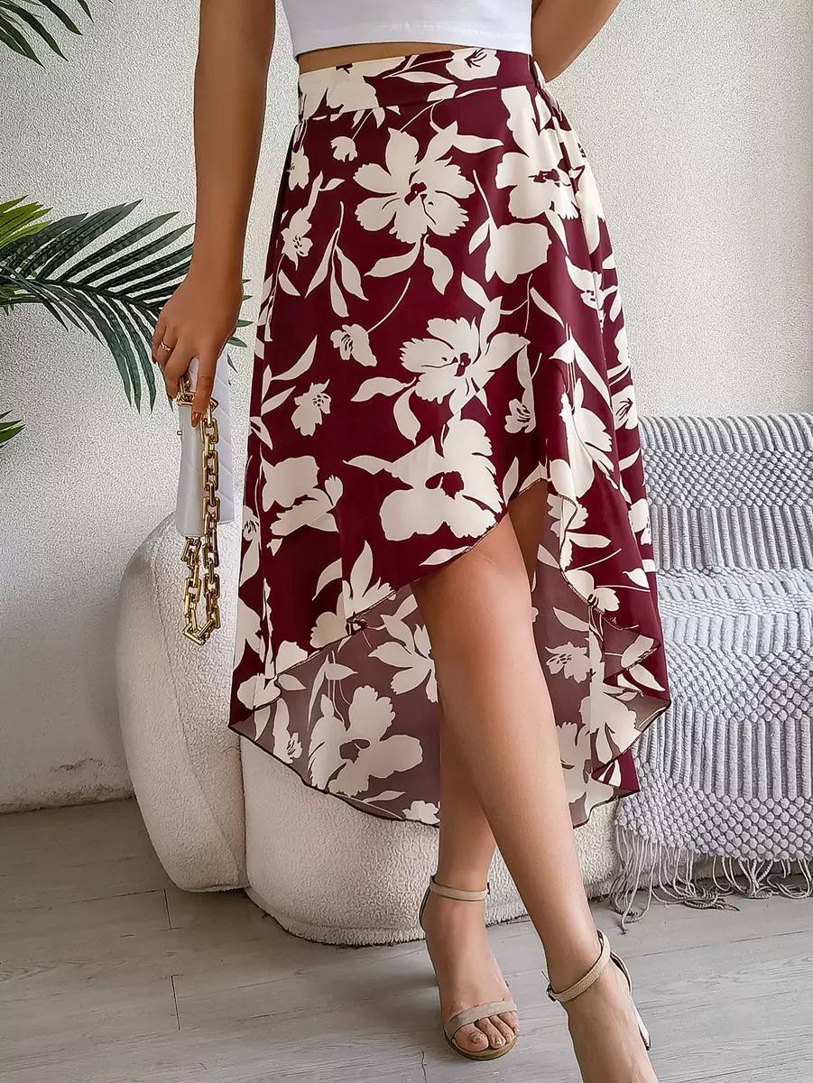 Women's Floral High Low Wrap Midi Skirt