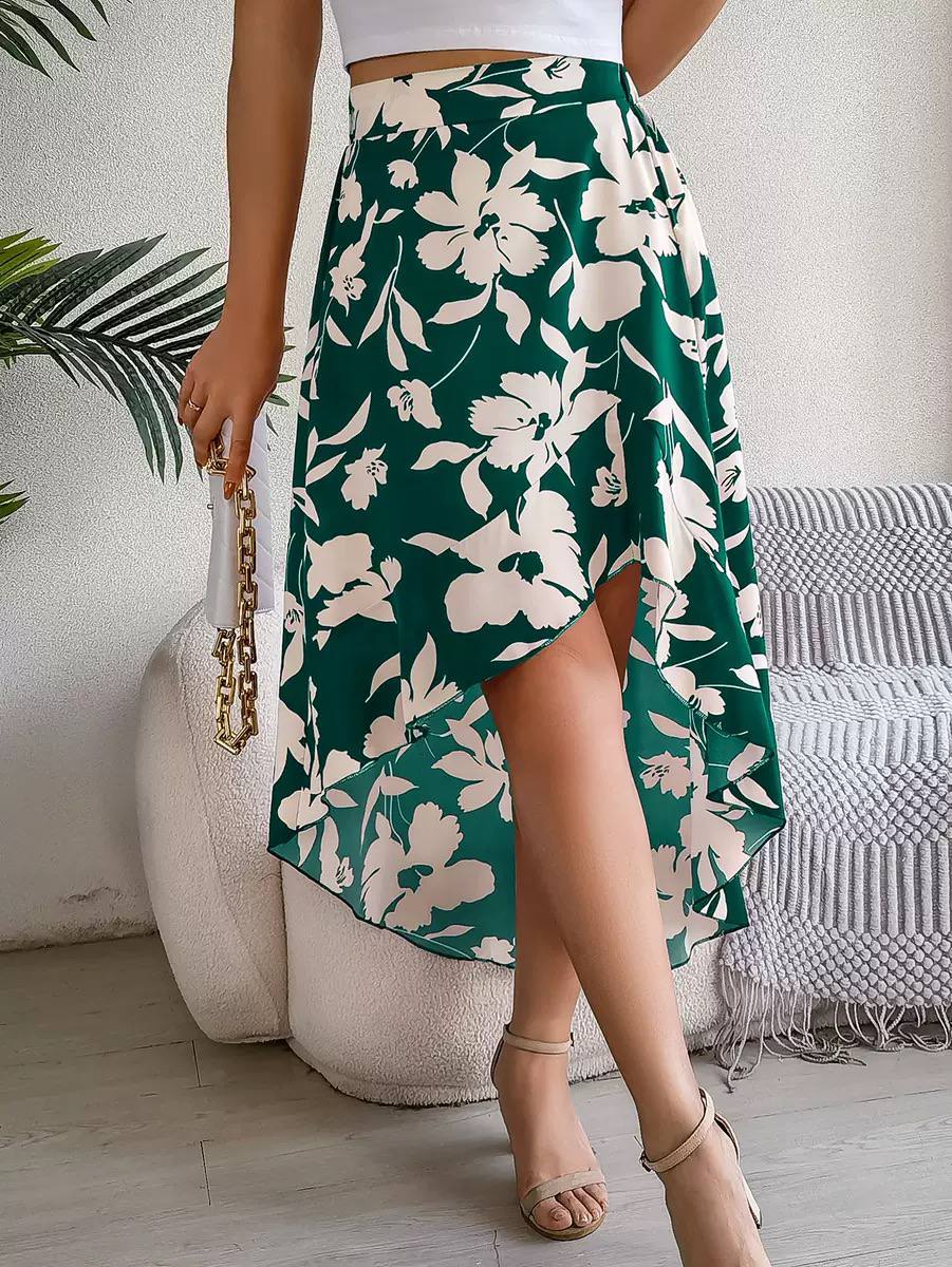 Women's Floral High Low Wrap Midi Skirt