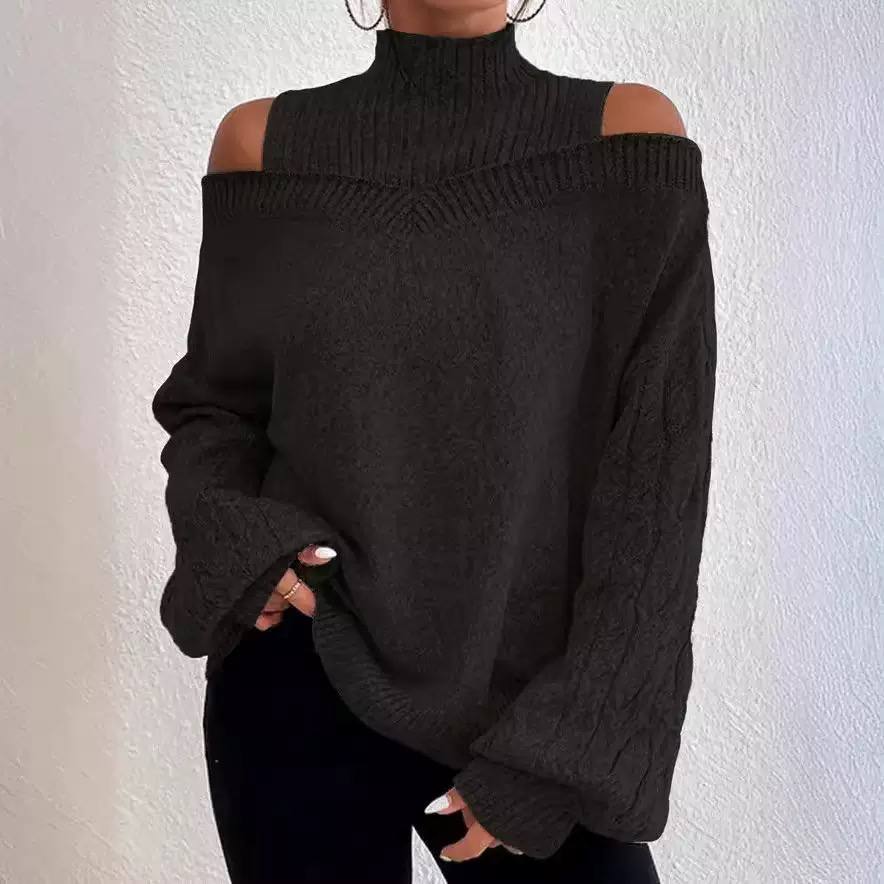 Women’s Off-Shoulder High Neck Cable Knit Sweater