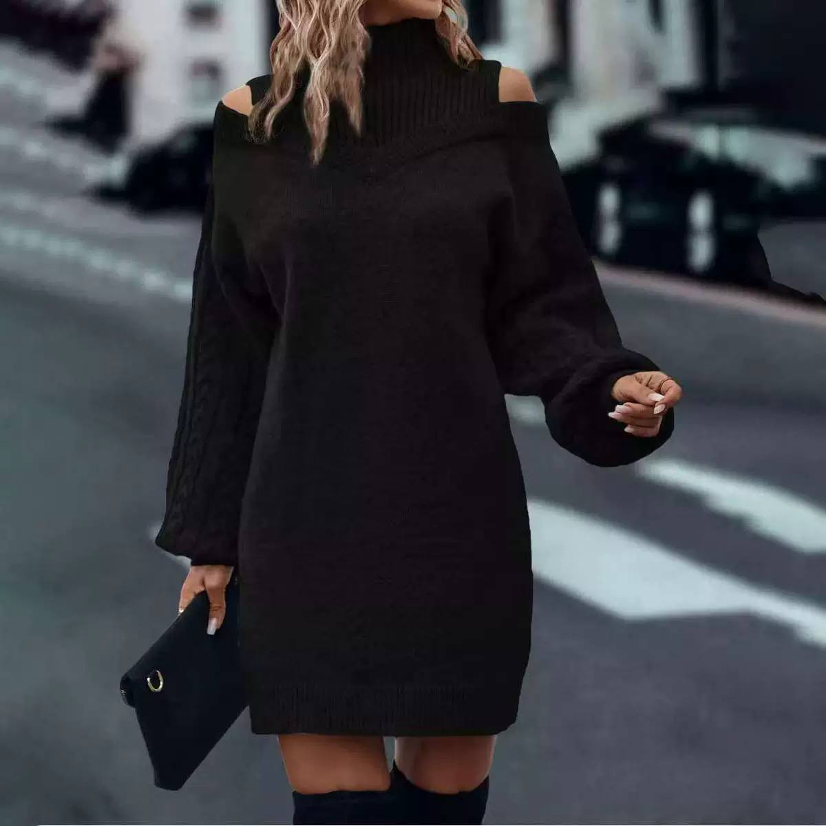 Women’s Off-Shoulder Cable Balloon Sleeves Knit Sweater Dress
