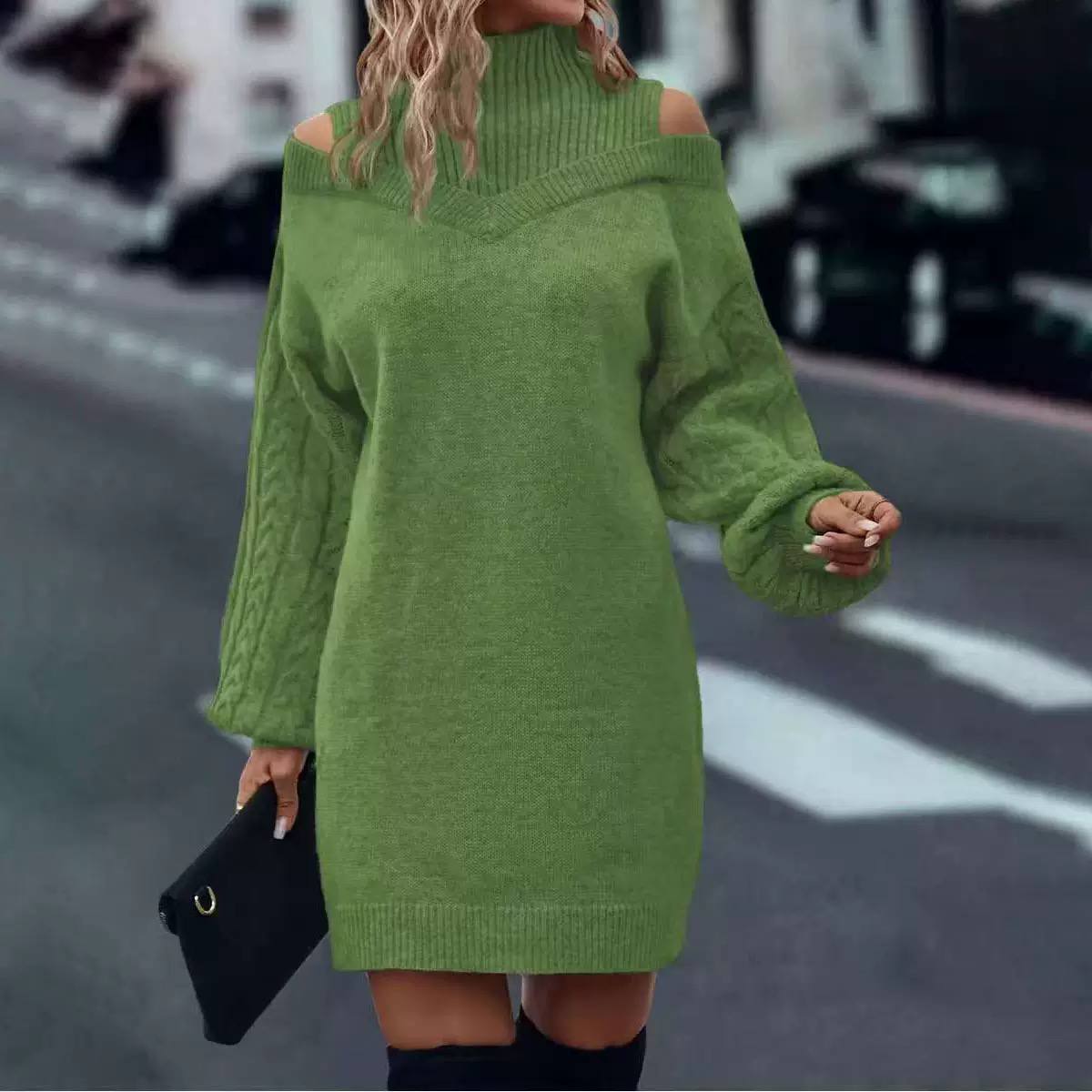 Women’s Off-Shoulder Cable Balloon Sleeves Knit Sweater Dress