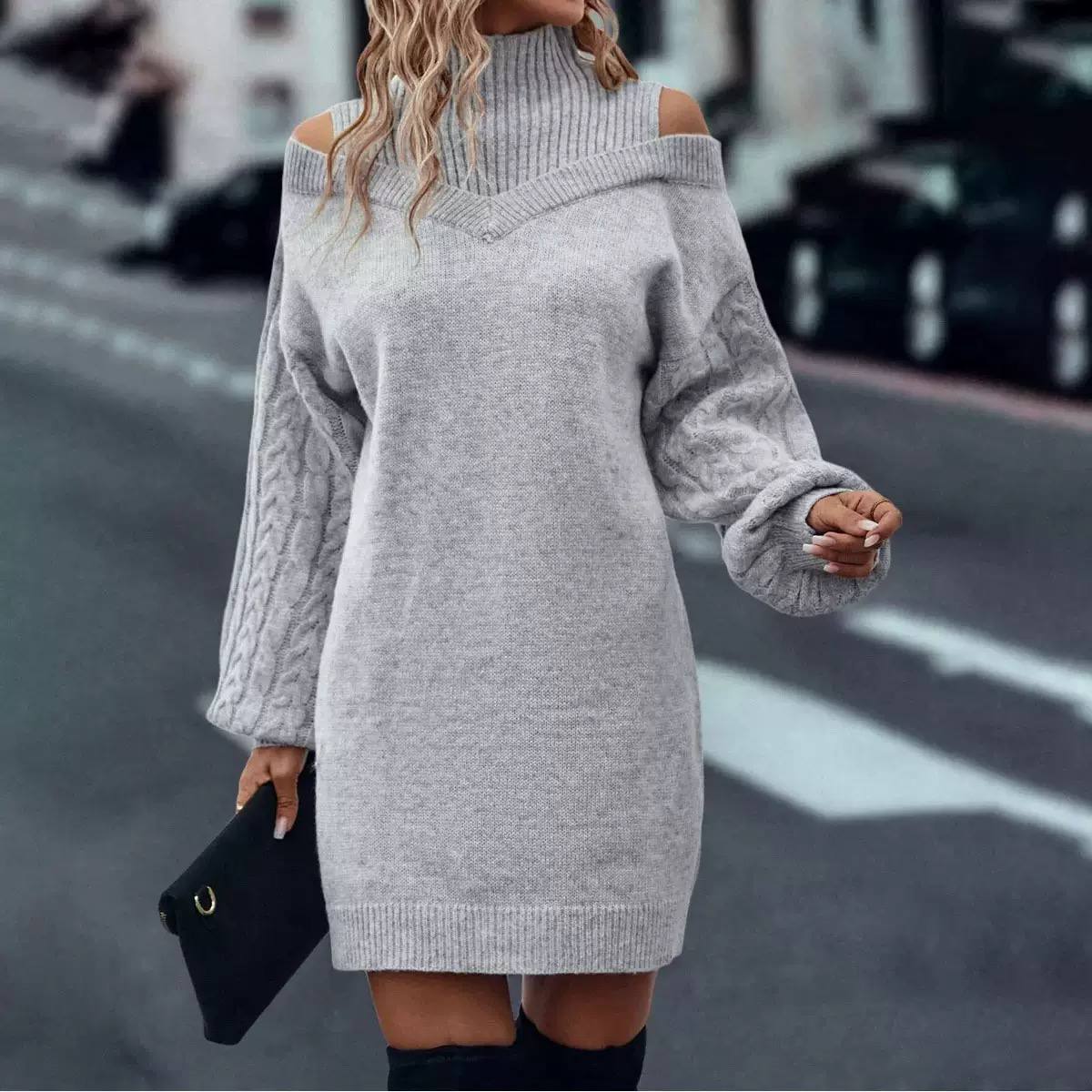Women’s Off-Shoulder Cable Balloon Sleeves Knit Sweater Dress