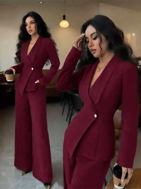 Women’s Elegant Blazer & Tailored Wide-Leg Trousers Suit Set