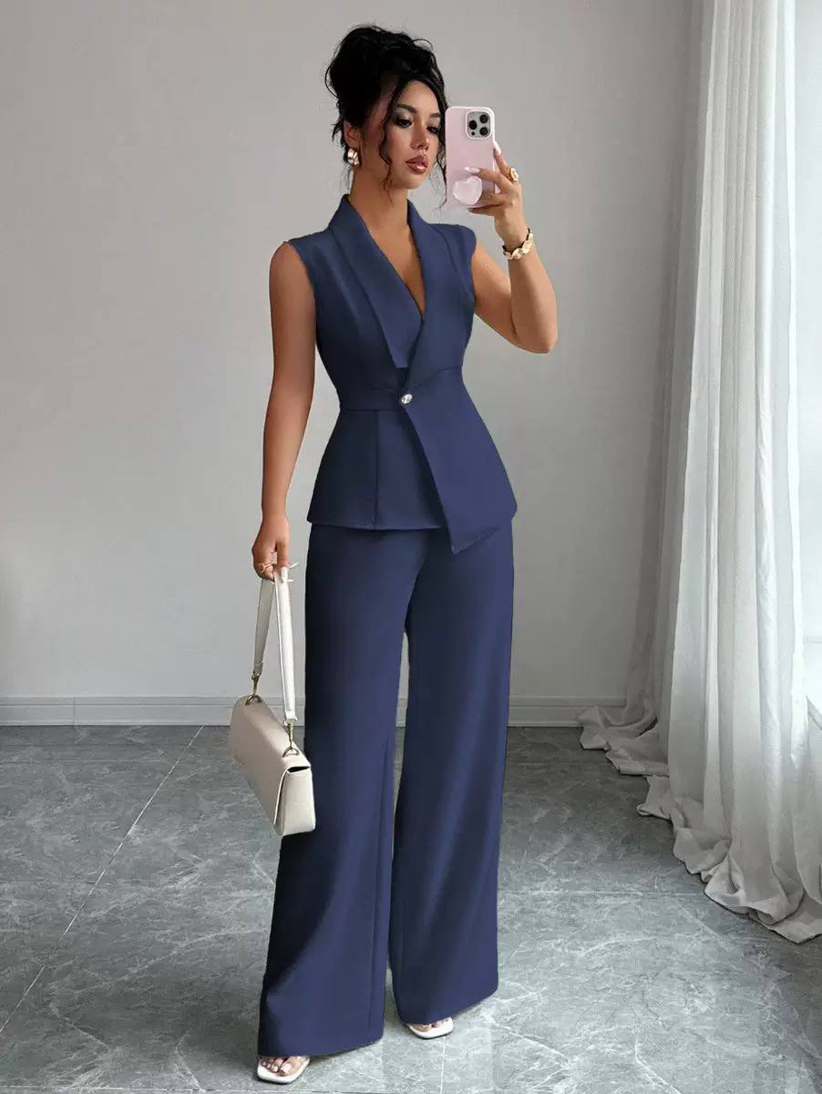 Women’s Sleeveless Tailored Blazer & Wide-Leg Trousers Suit Set