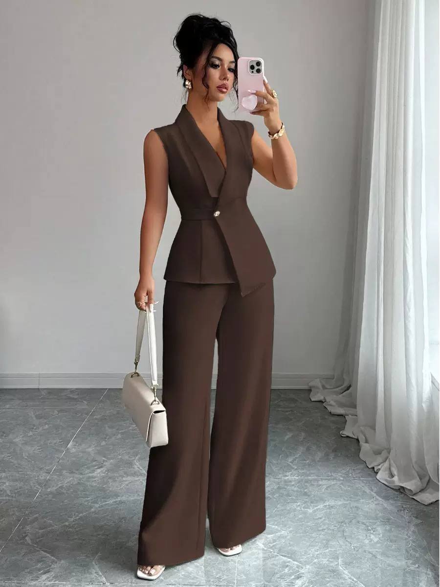 Women’s Sleeveless Tailored Blazer & Wide-Leg Trousers Suit Set