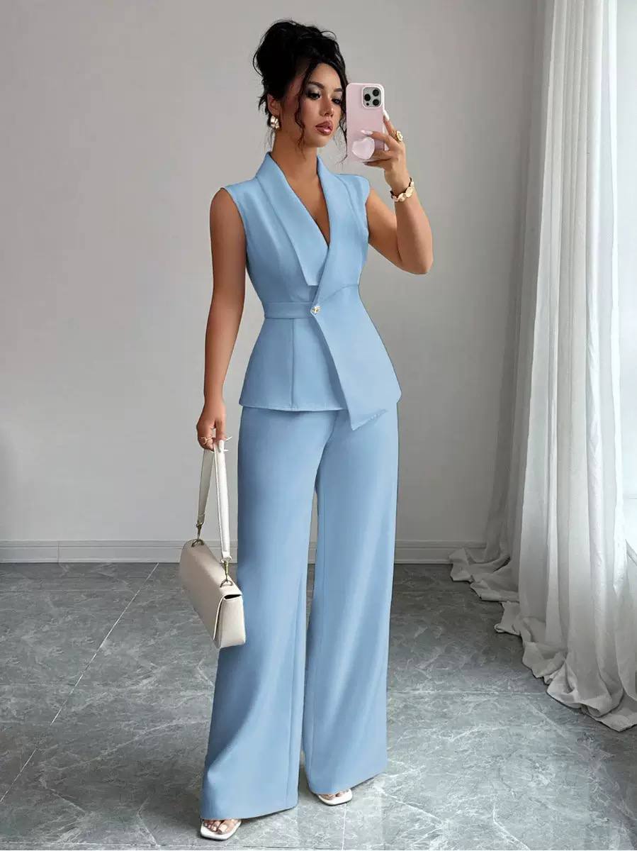 Women’s Sleeveless Tailored Blazer & Wide-Leg Trousers Suit Set
