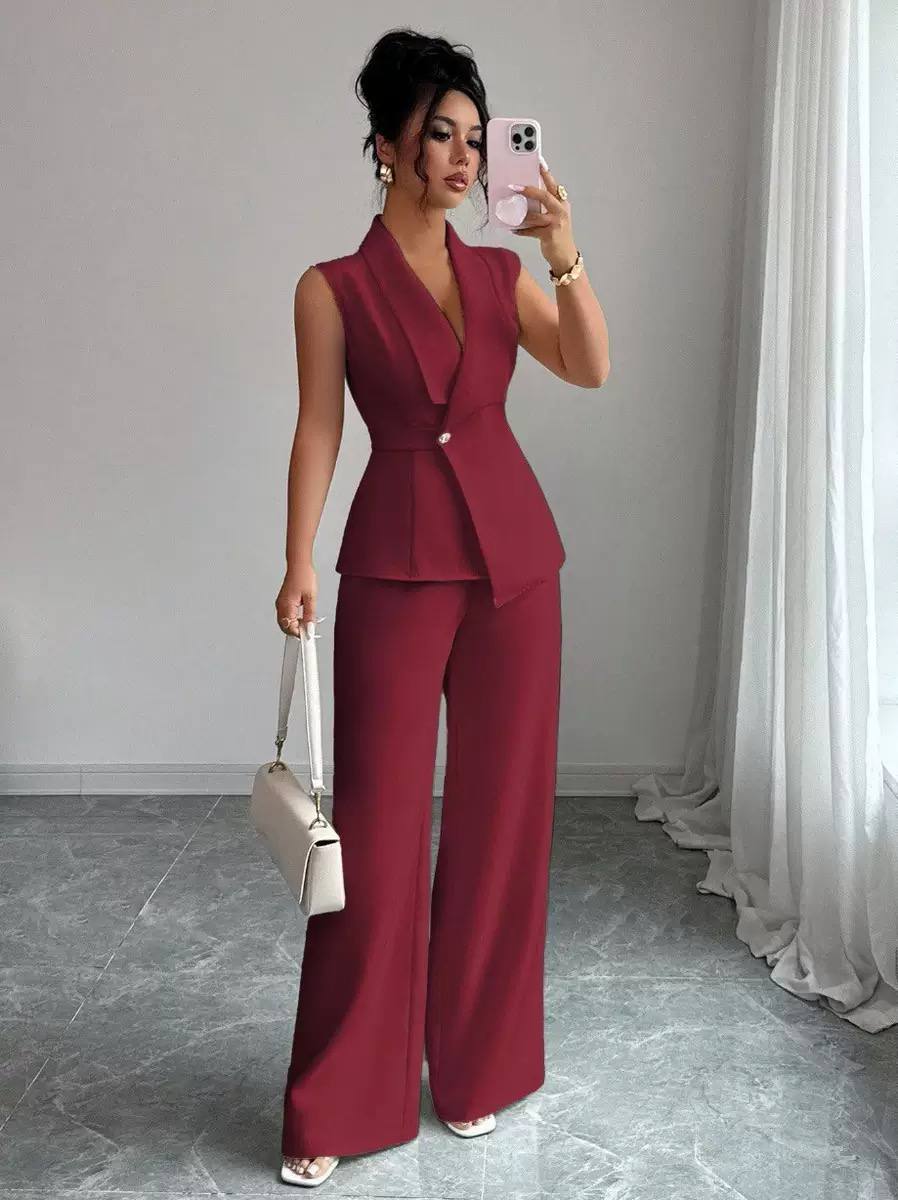 Women’s Sleeveless Tailored Blazer & Wide-Leg Trousers Suit Set