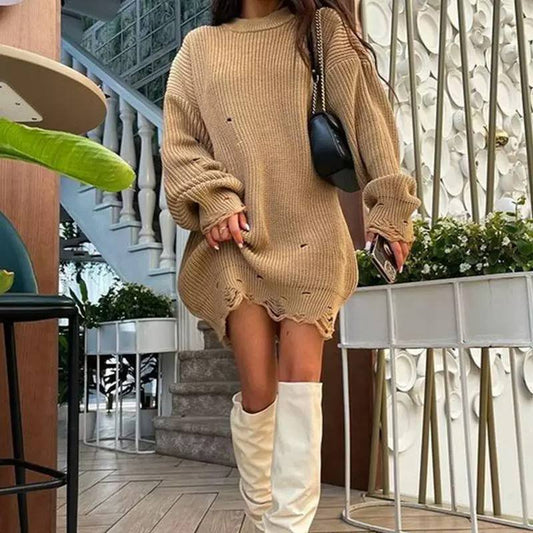 Women’s Oversized Distressed Knit Sweater Dress
