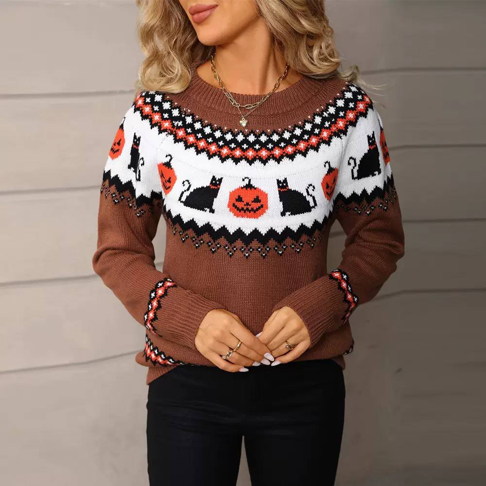 Women’s Halloween Pumpkin & Cat Knit Sweater