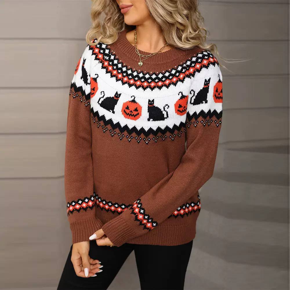 Women’s Halloween Pumpkin & Cat Knit Sweater