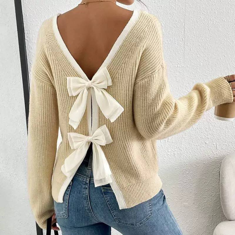 Women’s Long Sleeve V-Neck Bow Back Knit Sweater