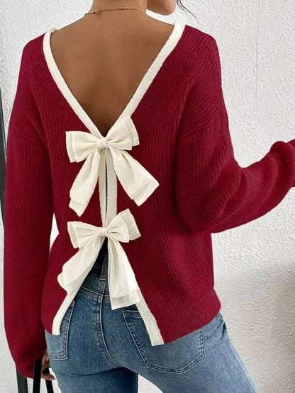 Women’s Long Sleeve V-Neck Bow Back Knit Sweater