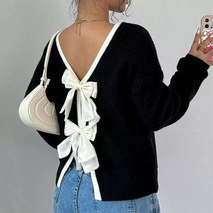 Women’s Long Sleeve V-Neck Bow Back Knit Sweater