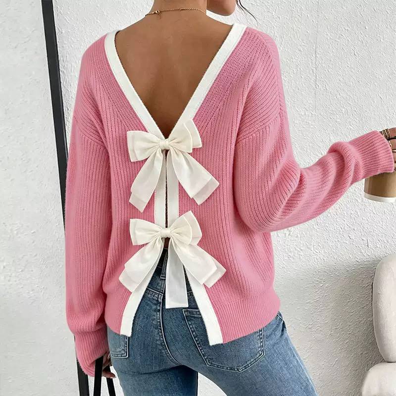 Women’s Long Sleeve V-Neck Bow Back Knit Sweater