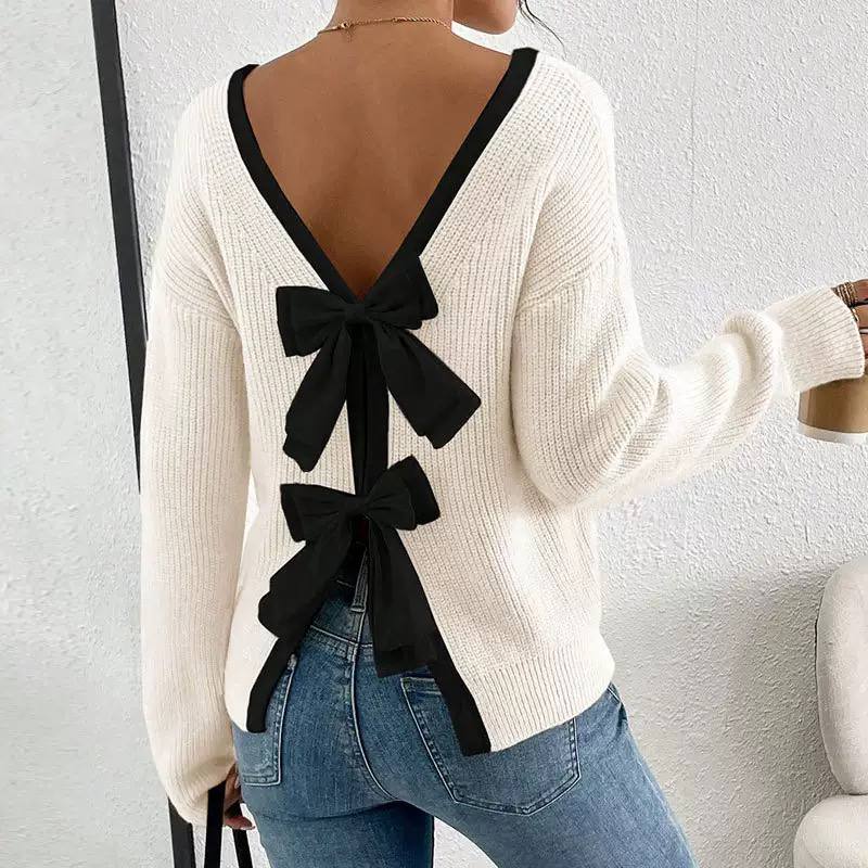 Women’s Long Sleeve V-Neck Bow Back Knit Sweater
