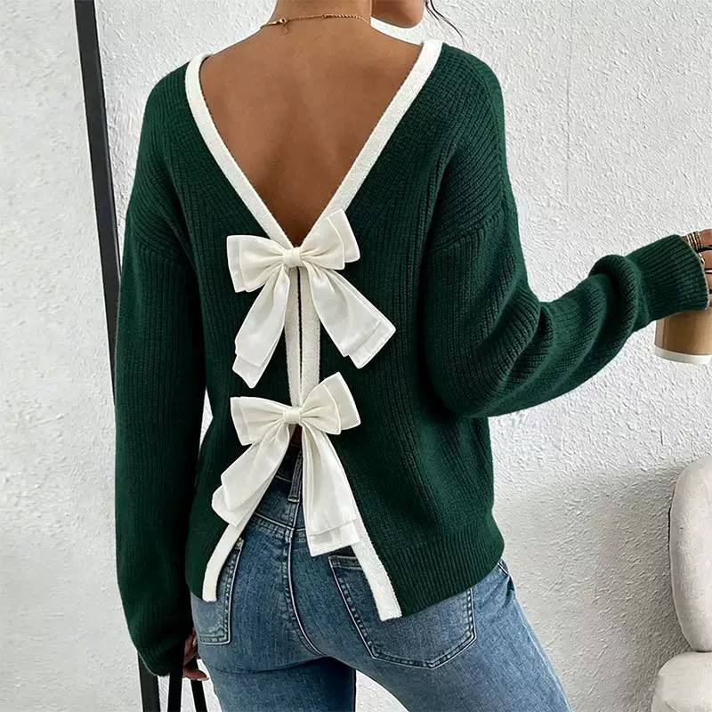 Women’s Long Sleeve V-Neck Bow Back Knit Sweater