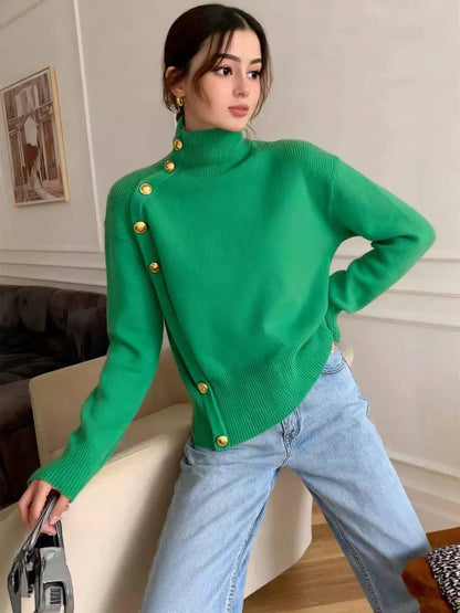 Women’s Button Detail Turtleneck Knit Sweater