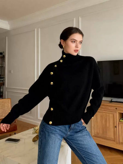 Women’s Button Detail Turtleneck Knit Sweater