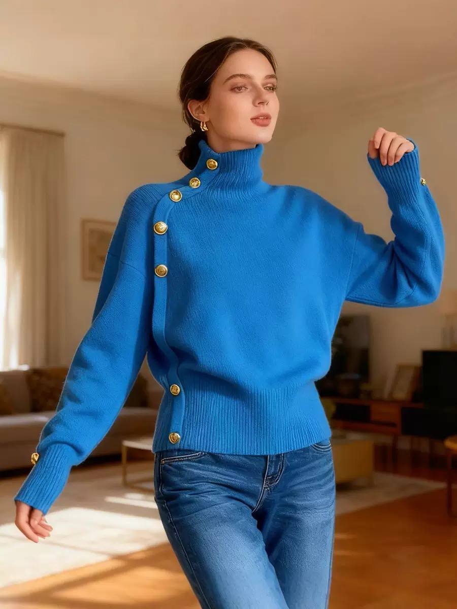 Women’s Button Detail Turtleneck Knit Sweater