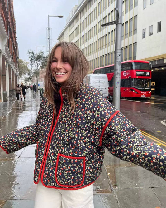 Women’s Floral Puffer-Style Jacket with Contrast Trim & Front Pockets