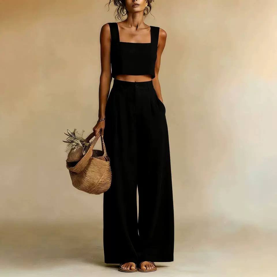 Wide-Leg Trousers Set – Square Neck Sleeveless Crop Top with High-Waisted Palazzo Pants