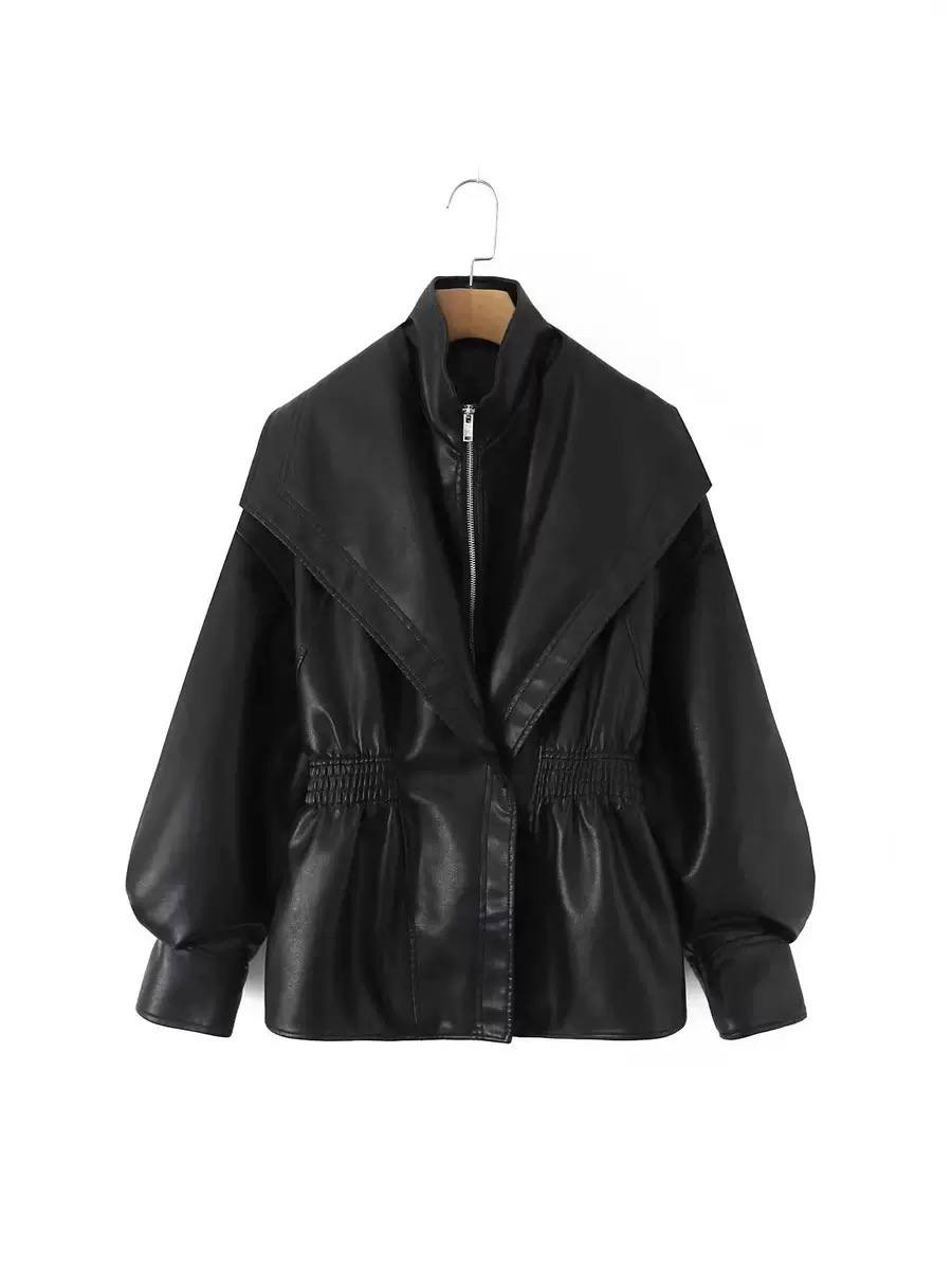 Leather Jacket  Wide Lapel Collar, Zip Front, Elasticated Waist & Long Sleeves