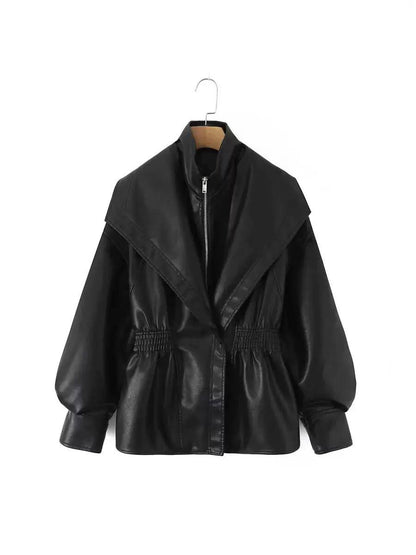 Leather Jacket  Wide Lapel Collar, Zip Front, Elasticated Waist & Long Sleeves
