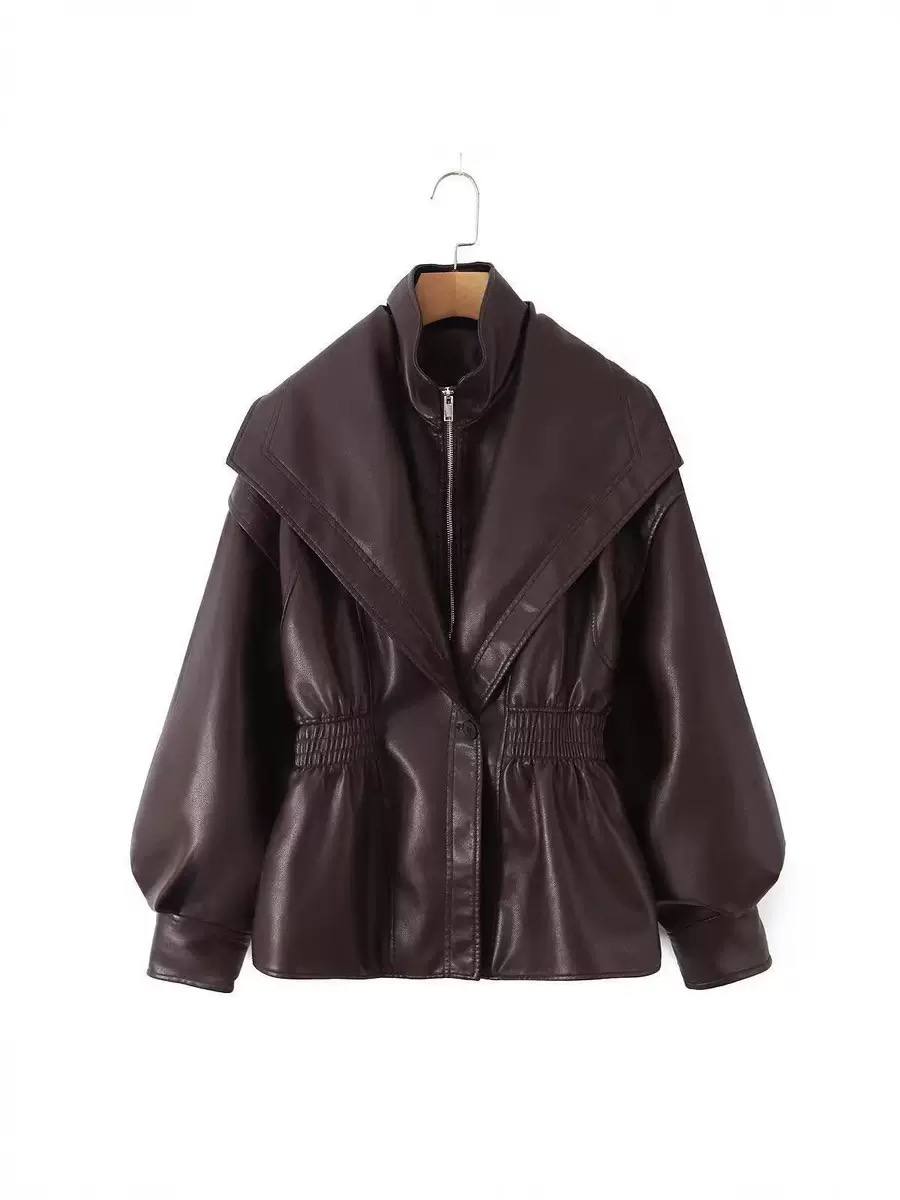 Leather Jacket  Wide Lapel Collar, Zip Front, Elasticated Waist & Long Sleeves