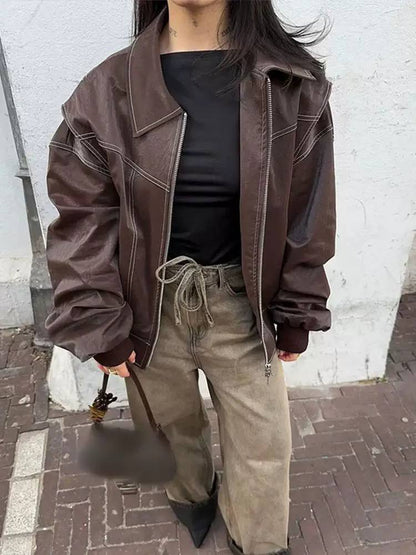 Oversized Leather Jacket Zip Front, Ribbed Cuffs & Relaxed Fit