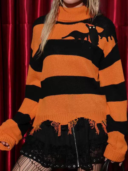 Halloween Striped Knit Sweater Bat Graphic Detail