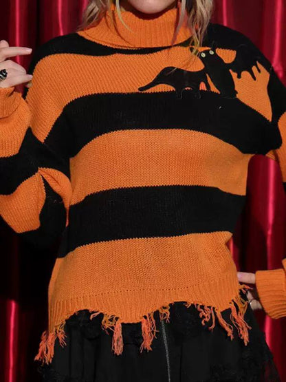Halloween Striped Knit Sweater Bat Graphic Detail