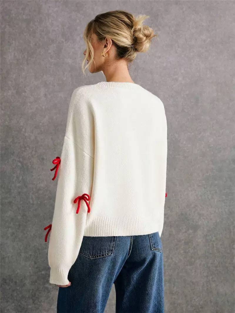 Bow Detail Knit Sweater Crew Neck, Long Sleeves & Ribbon Appliqué Detail