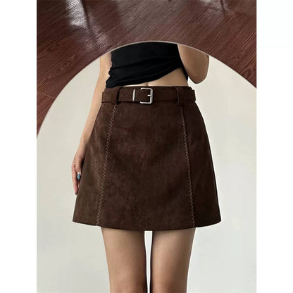 Suede Mini Skirt High Waist, Belted Design & A-Line Fit