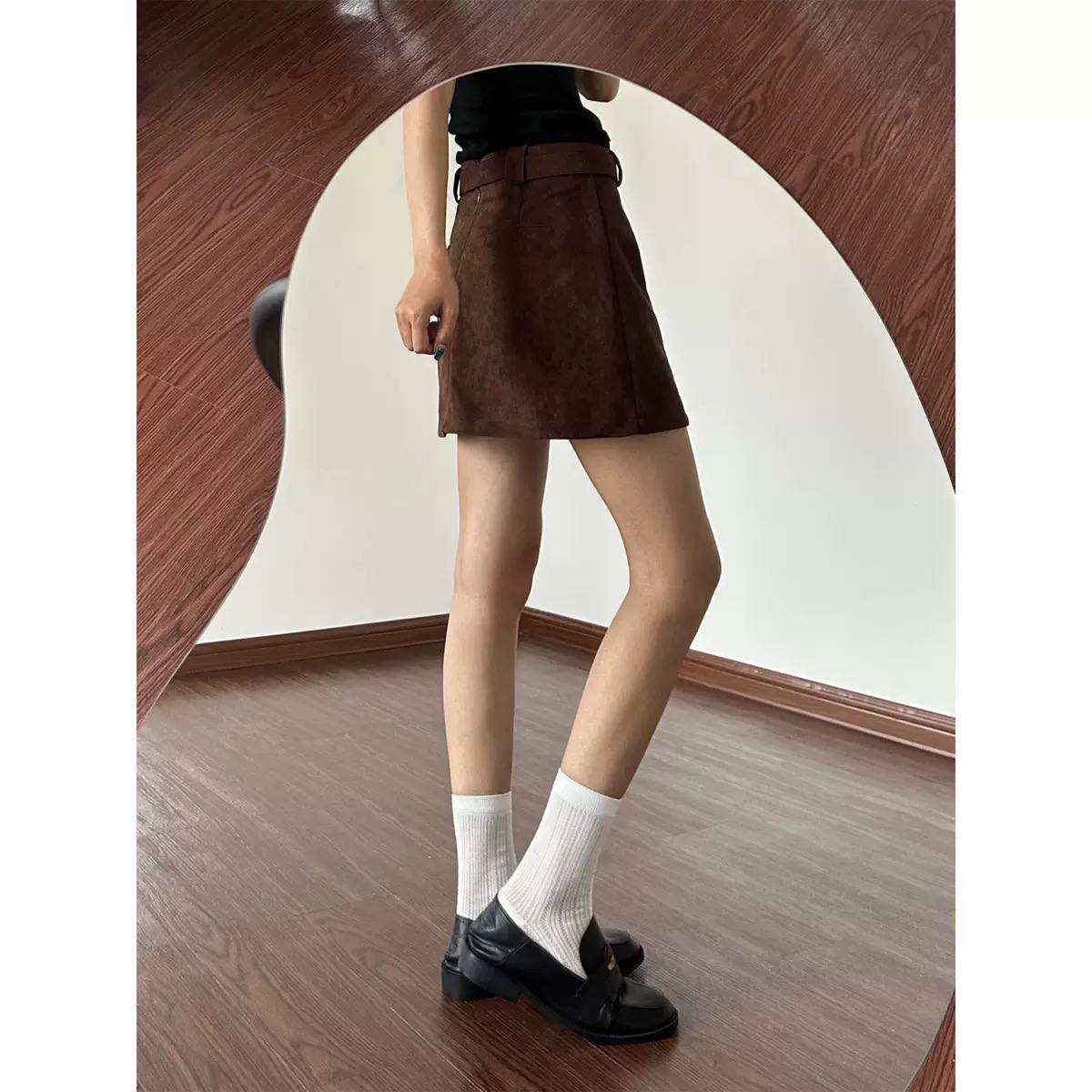 Suede Mini Skirt High Waist, Belted Design & A-Line Fit