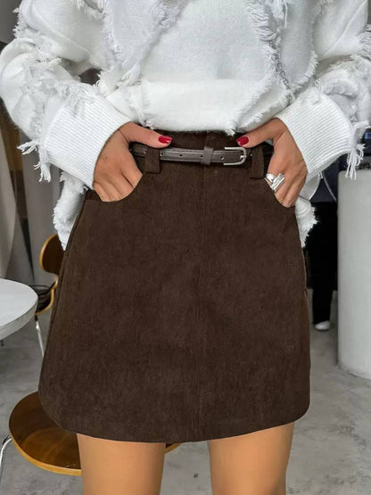 Corduroy Mini Skirt High Waist, Belted Design, Side Pockets & A-Line Fit
